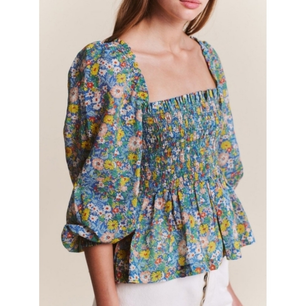 Trovata Birds Of Paradis NWT Alize Smocked Square Neck Floral Blouse